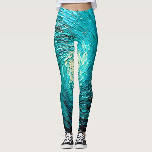 Turquoise Ocean Vortex Abstract Leggings (Front)
