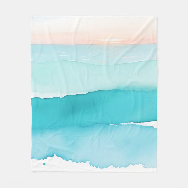 Turquoise Ocean Watercolor Sunset Fleece Blanket (Front)