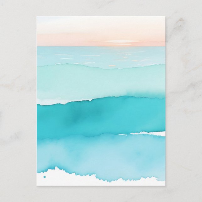 Turquoise Ocean Watercolor Sunset Postcard (Front)