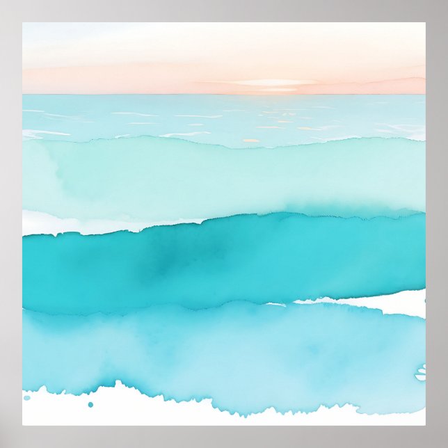 Turquoise Ocean Watercolor Sunset Poster (Front)