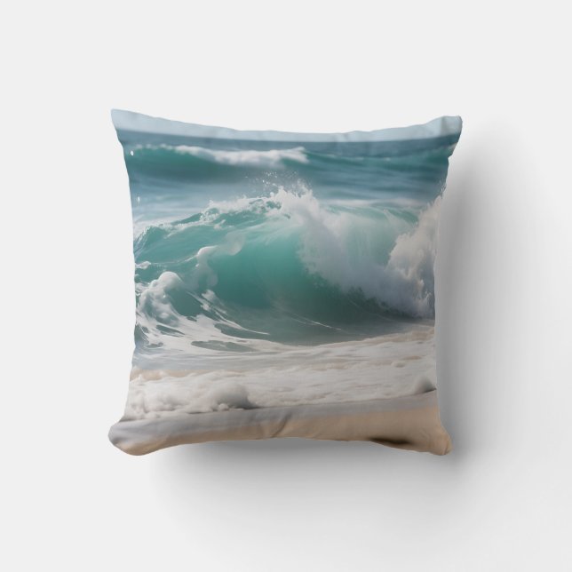 Turquoise Ocean Wave Crashing Shore Cushion (Front)