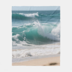 Turquoise Ocean Wave Crashing Shore Fleece Blanket