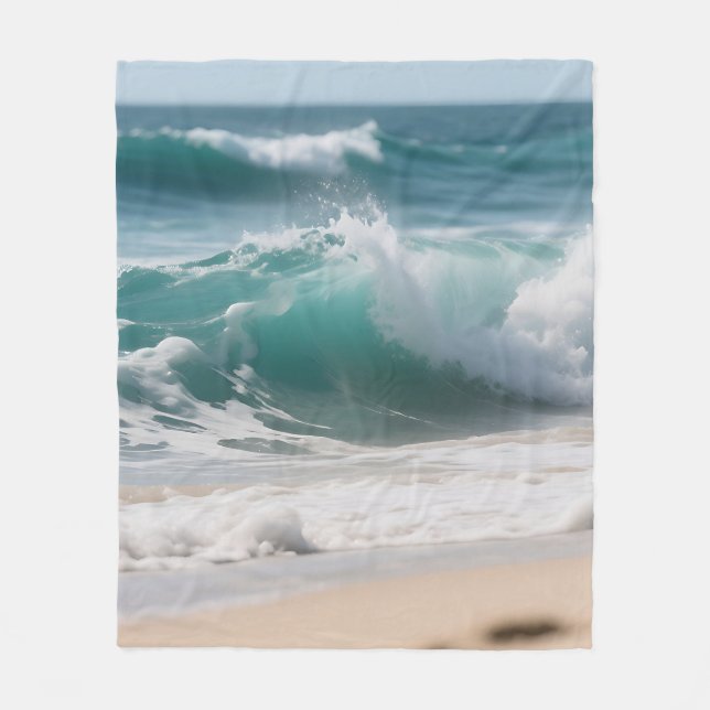 Turquoise Ocean Wave Crashing Shore Fleece Blanket (Front)