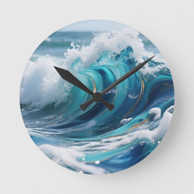 Turquoise Ocean Wave Golden Swirl Round Clock (Front)
