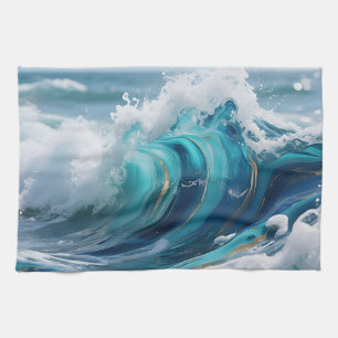 Turquoise Ocean Wave Golden Swirl Tea Towel