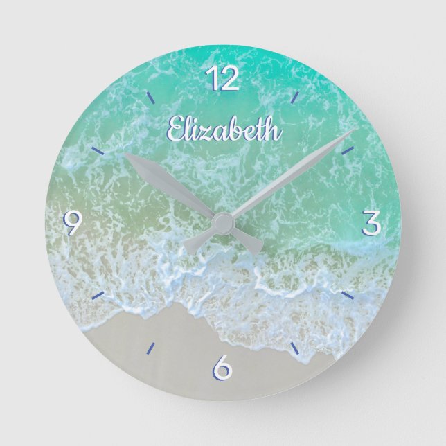 Turquoise Ocean Wave, Personalise Name or Monogram Round Clock (Front)