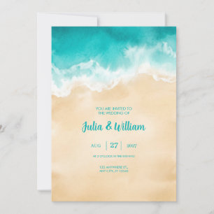 Turquoise Ocean Wave Sand Beach Wedding Invitation
