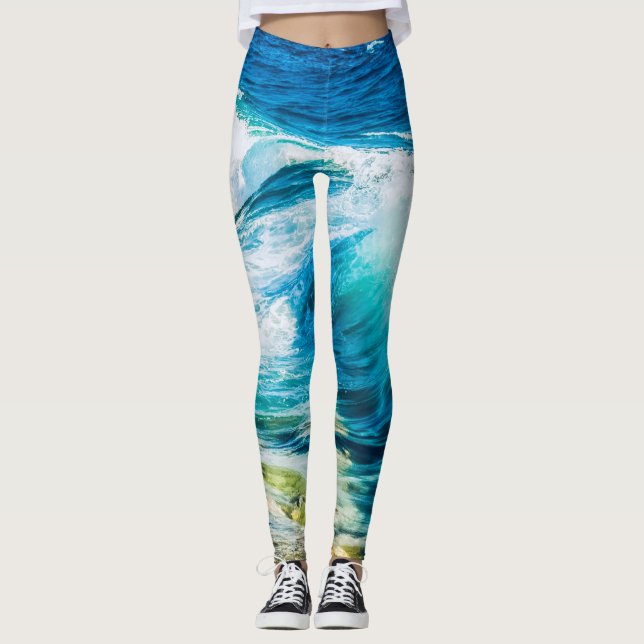 Turquoise Ocean Waves Leggings (Front)