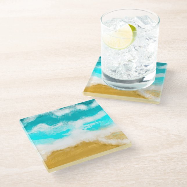 Turquoise Ocean Waves Seaside Coastal  Glass Coaster (Angled)