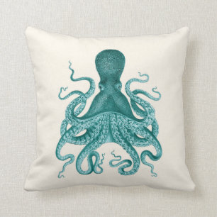 Turquoise Octopus Illustration on Cream Cushion