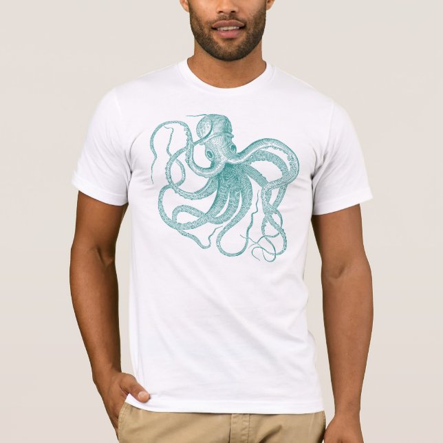 Turquoise Octopus Vintage Illustration T-Shirt (Front)