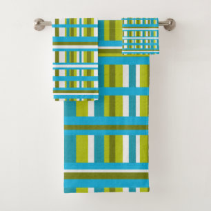 Turquoise, Olive & Lime Green Plaid Bath Towel Set