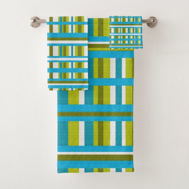 Turquoise, Olive & Lime Green Plaid Bath Towel Set (Insitu)