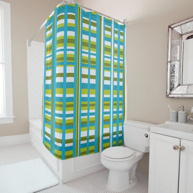 Turquoise, Olive & Lime Green Plaid Shower Curtain (In Situ)