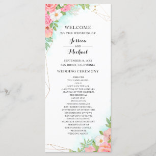 Turquoise Ombre Floral Bouquet Pink Rose Wedding Programme