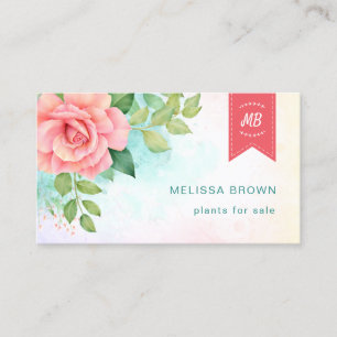 Turquoise Ombre Floral Watercolor Rose Logo Business Card