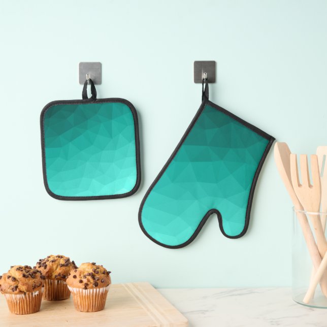 Turquoise ombre gradient geometric mesh pattern oven mitt & pot holder set (Insitu(Hanging))