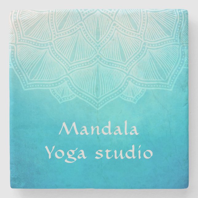Turquoise ombre mandala monogram stone coaster (Front)