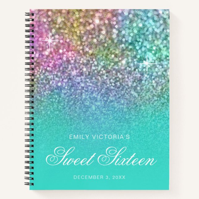 Turquoise Ombre Mermaid Glitter Sweet 16 Guestbook Notebook (Front)