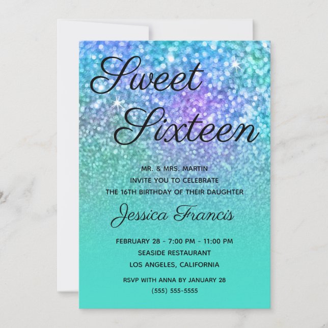 Turquoise Ombre Mermaid Glitter Sweet Sixteen Invitation (Front)