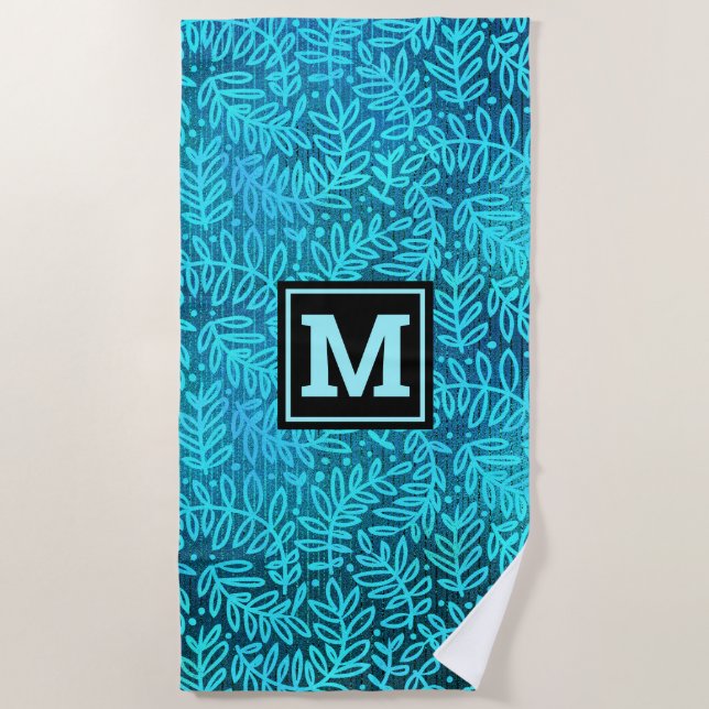 Turquoise ombre monogram leaf pattern bold modern beach towel (Front)
