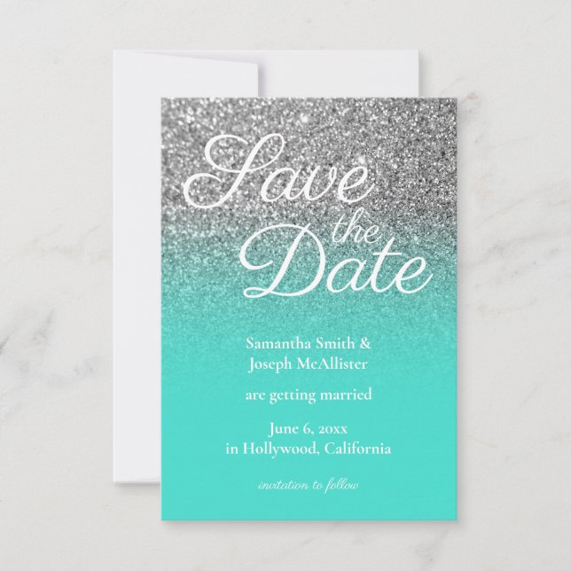 Turquoise Ombre Silver Glitter Save the Date Invitation (Front)