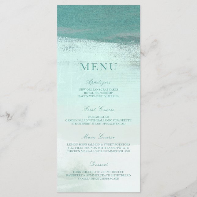 Turquoise Ombre Watercolor Beach Wedding Menu (Front)
