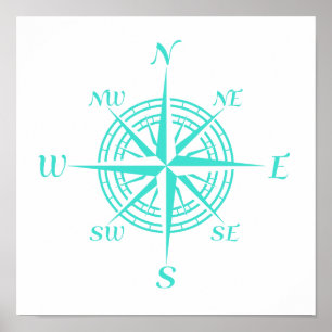 Turquoise On White Coastal Decor Compass Rose
