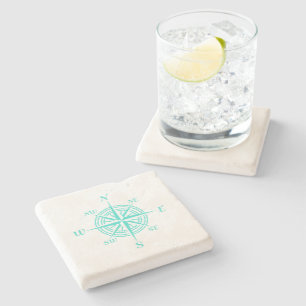 Turquoise On White Coastal Decor Compass Rose Stone Coaster