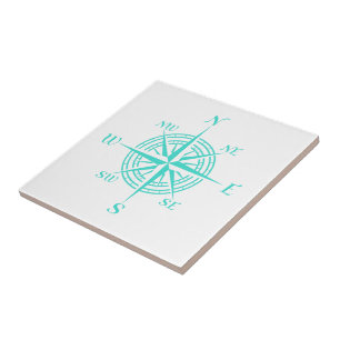 Turquoise On White Coastal Decor Compass Rose Tile
