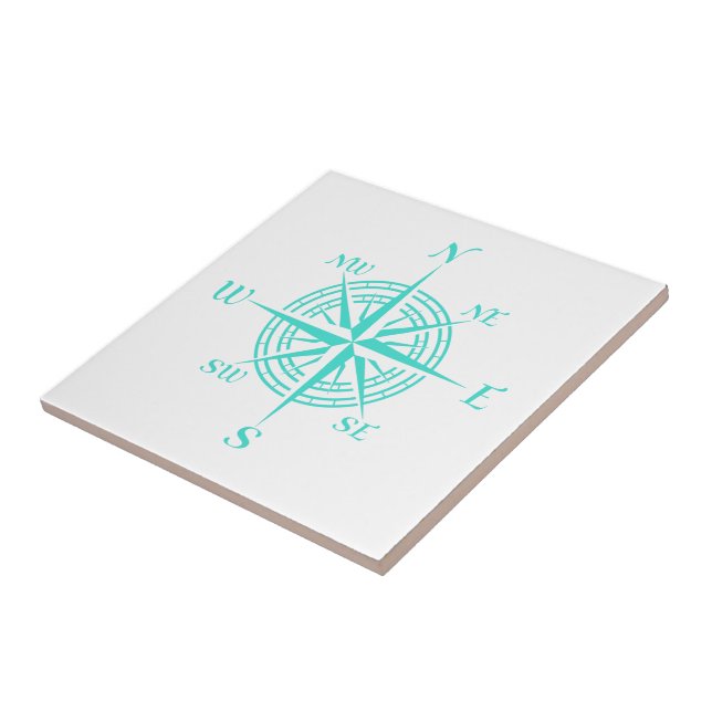 Turquoise On White Coastal Decor Compass Rose Tile (Side)