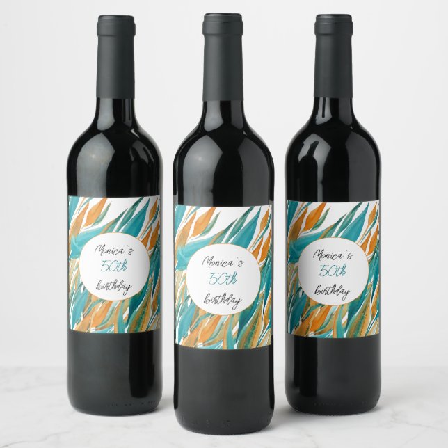 Turquoise Orange Beautiful Watercolor Art Wine Label (Bottles)