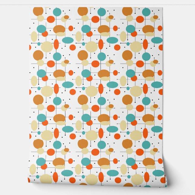 Turquoise Orange Black Circles Lines Mid Century Wallpaper (Unrolling)