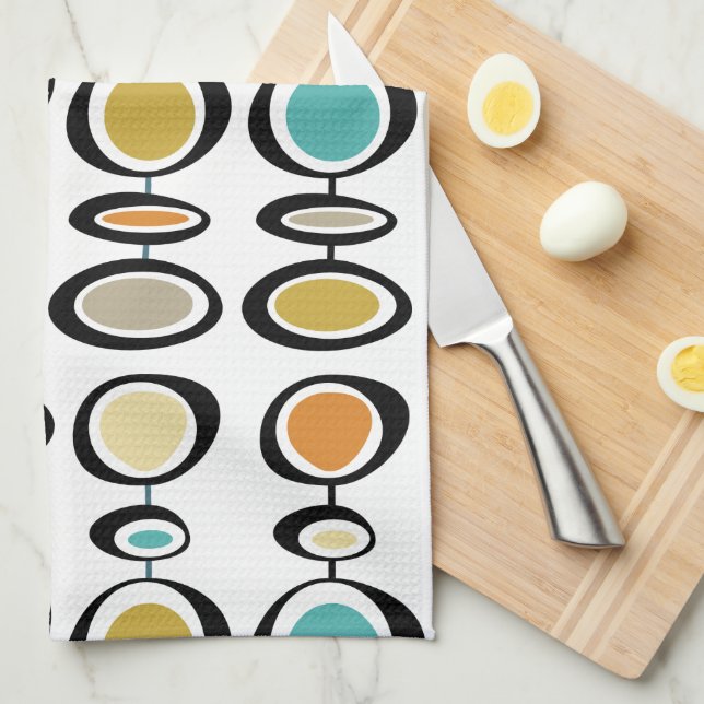 Turquoise Orange Circles Mid-Century Pattern Tea Towel (Quarter Fold)