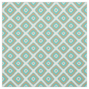 Turquoise Orange Diamond Squares Ikat Pattern Fabric