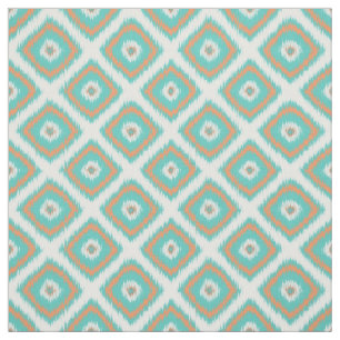 Turquoise Orange Diamond Squares Ikat Pattern Fabric