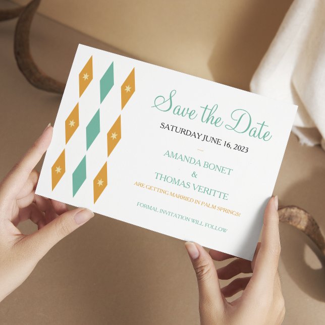 Turquoise Orange Diamonds Midcentury Save The Date Invitation (Creator Uploaded)
