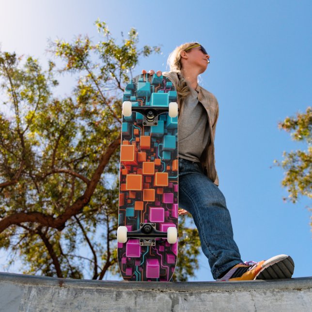 Turquoise Orange Magenta 3D Circuit Skateboard (Outdoor 1)