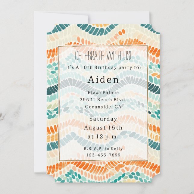 Turquoise Orange Peach Watercolor Wavy Stripes Invitation (Front)