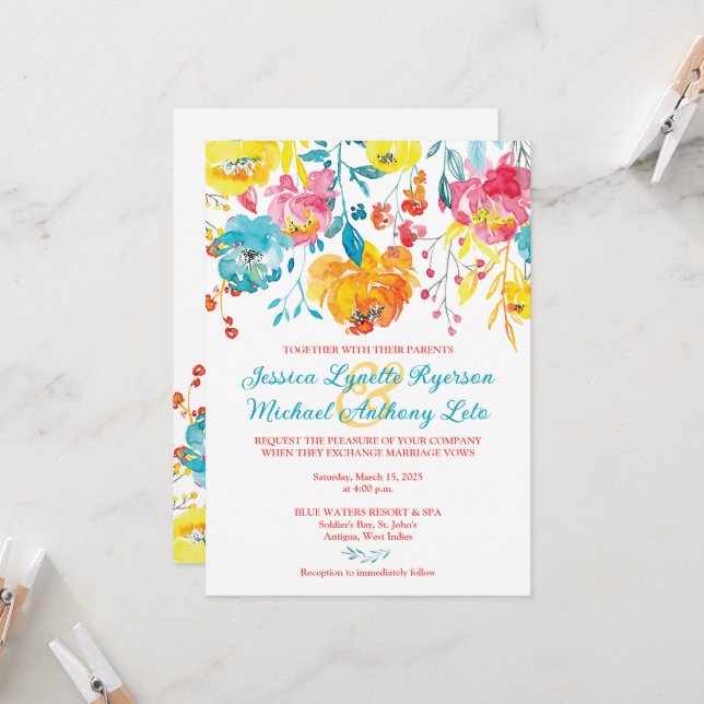 Turquoise, Orange, Pink, White Destination Wedding Invitation (Front/Back In Situ)