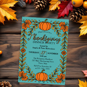 Turquoise Orange Pumpkin Thanksgiving Dinner Invitation