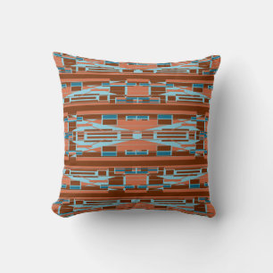 Turquoise Orange Rust Mediterranean Motif in Rows Cushion