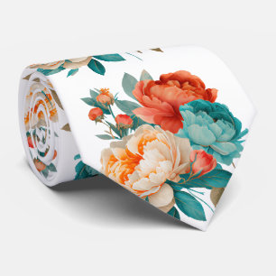 Turquoise Orange Watercolor Floral Pattern Tie
