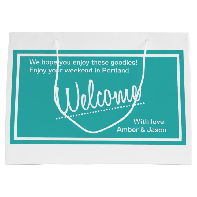 Turquoise Out of Town Guests Welcome Wedding Large Gift Bag (Front)