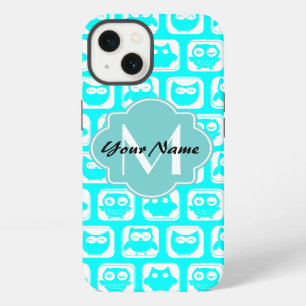 Turquoise Owl Pattern Aqua Personalised Name iPhone 13 Case
