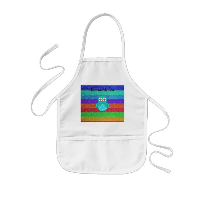 Turquoise owl rainbow glitter kids apron (Front)