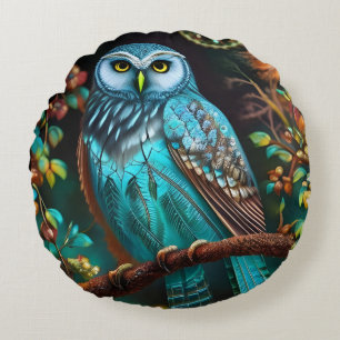 Turquoise owl round cushion