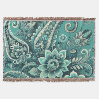 Turquoise Paisley Floral Pattern Throw Blanket
