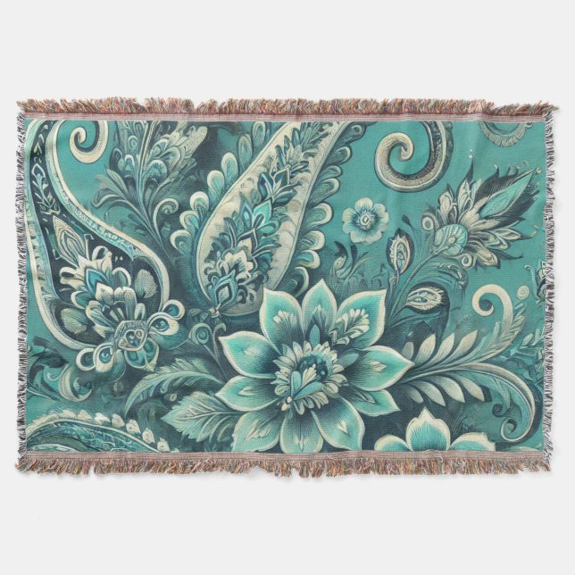 Turquoise Paisley Floral Pattern Throw Blanket (Front)
