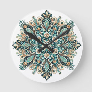 Turquoise Paisley Mandala with Gold Accents 1 Round Clock